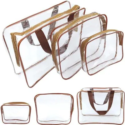 Zdjęcie produktu dla Zestaw 3 torebek kosmetycznych Ibenzoa® Transparente, wodoodpornych, o różnych rozmiarach (30×22 / 24×19 / 18,5×14 cm), w kolorach: brązowy i różowy, idealne do podróży i do przechowywania w łazience