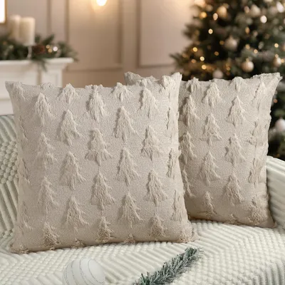 Produktbild von Weihnachtskissenbezüge 45x45 cm Set 2 Beige Weihnachtsbaum Plüsch Kunstpelz