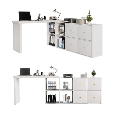 Immagine prodotto di Scrivania angolare AIORBER girevole a 360° con 8 scomparti e 4 cassetti, a forma di L o diritta, MDF rinforzato da 4 cm, multifunzionale, bianca