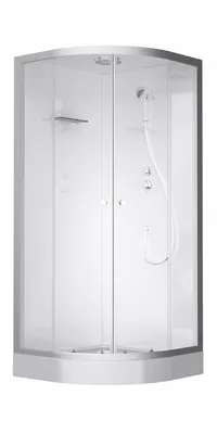 A modern shower cabin with glass doors and silver-colored frames, set against a white background.
