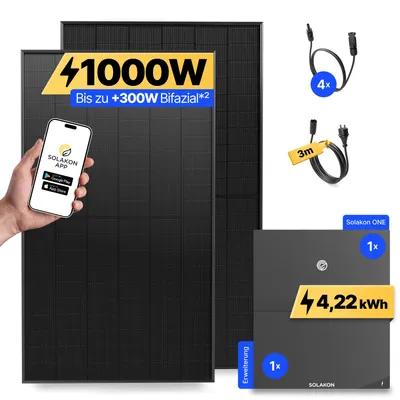 Produktbild von 1000W Balkonkraftwerk mit Speicher + Erweiterung Solakon ONE (4,22 kWh) Solaranlage Steckerfertig WIFI Komplettset Photovoltaik Anlage, Kabellänge: 3m