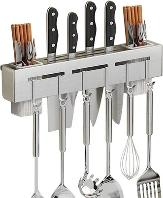Obrázek produktu pro Stříbrný držák na kuchyňské náčiní se 6 háčky, bez vrtání, organizér na kuchyňské náčiní, kuchyňské doplňky, kuchyňské pomůcky