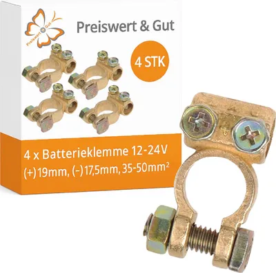 Produktbild von 4 x Batteriepolklemmen 12-24V, (+) 19mm, (-) 17,5mm, 35-50mm², Langlebige Batterieklemmen für starke Batterieanschlüsse