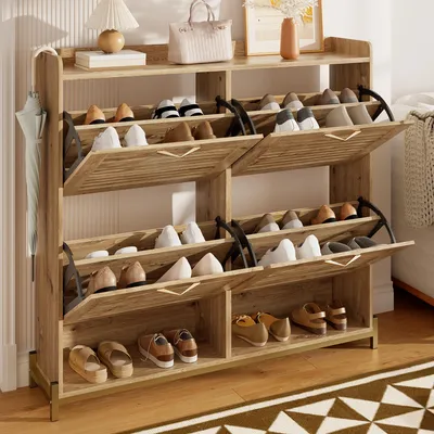 Produktbild von Schuhschrank mit 4 Klappen, 108,5 cm breit, platzsparender Schuhkipper in Holzoptik, Flurschrank mit Metallfüßen für Eingangsbereich, Flur und Diele