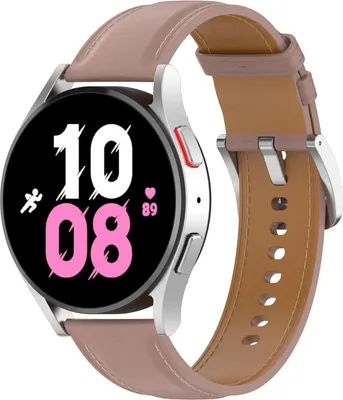 A close-up shot of a smartwatch with a pink leather strap.