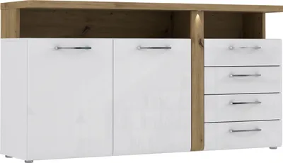 Produktbild von Furniture24 Kommode Tuluza TUZK231B, Sideboard mit 2 Schubkästen, 2 Türen und LED Beleuchtung, Weiß Hochglanz Ohne Beleuchtung