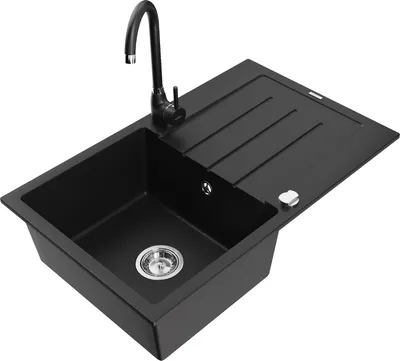 Produktbild von Mexen Bruno 1 Becken-Granitspüle mit Abtropffläche und Mischbatterie Telma, Schwarz - 6513-77-670200-70