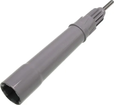 A gray kitchen appliance part with a silver metal tip, isolated on a white background.