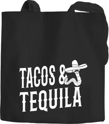 Produktbild von Jutebeutel Tacos & Tequila Wurm Sombrero Tequilla Mexikanisch Baumwolltasche Stoffbeutel Tragetasche Moonworks® schwarz 2 lange Henkel