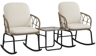 Image de Ensemble de fauteuils berçants en rotin Outsunny, ensemble de mobilier de jardin comprenant 2 fauteuils et 1 table basse