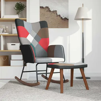 A patchwork rocking chair and ottoman set in a living room setting, next to a bookshelf and a floor lamp.