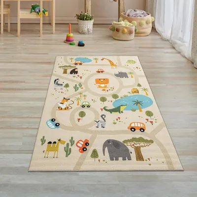 Immagine prodotto di Tappeto per bambini Tappeto gioco safari / strade antiscivolo beige Dimensioni - 80 x 150 cm
