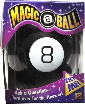 The image shows the retail packaging of a Magic 8 Ball toy.