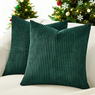 Produktbild von Set mit 2 Kissenbezügen, 45 x 45 cm, dunkelgrüner Cord-Samt, Streifenmuster, Dekokissen, Sofakissen