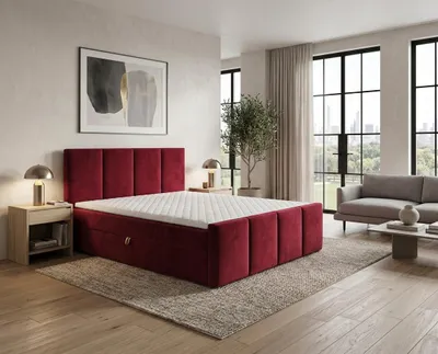 Produktbild von Boxspringbett OSLO II 160 x 200 cm Amor Velvet 06 - Wine / Rot Bett mit zwei Bettkästen und H3 Matratze,Komplett-Set mit Matratze und Topper