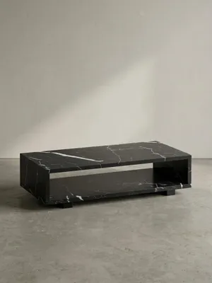 Produktbild von Couchtisch 100x50x25 cm Schwarz Sofatisch in Marmor-Optik Modern, Design Wohnzimmertisch Rechteckig mit Stauraum, Loungetisch Schlicht, Kaffeetisch Groß