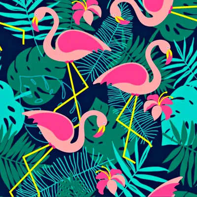 Produktbild von wasserabweisender Stoff rosa Flamingos auf dunkelblau-grünem Hintergrund