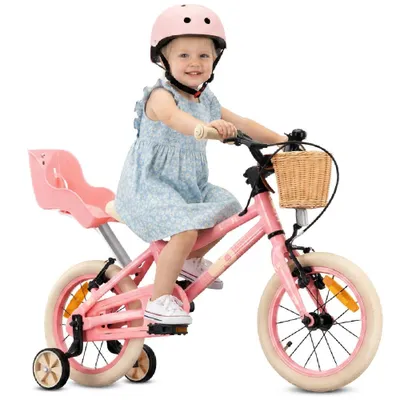Obrázok produktu pre SUN BABY LOOFI detský bicykel 14 palcov, ľahký hliníkový bicykel s hmotnosťou 6,6 kg pre deti od 3 rokov, s pomocnými kolieskami, košíkom, zvončekom a sedadlom pre bábiku, pre dievčatá