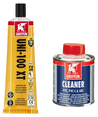 Produktbild von HAF - Griffon PVC-U Kleber Uni-100 XT in 125ml Tube + Griffon PVC Reiniger / Cleaner 125ml | Spezialkleber & Spezialreiniger für Montage von PVC Rohr