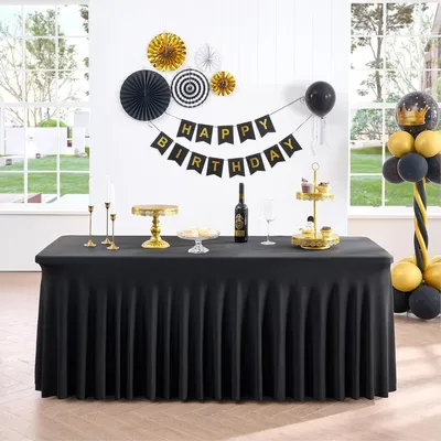 Produktbild von INF Schwarze 244cm Quallentischrock - Elastische Polyester Tischdecke für Hochzeit & Party