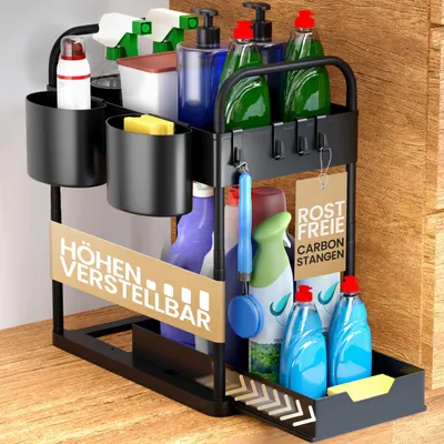 Produktbild von Höhenverstellbares Untertischregal mit 2 Ebenen in Schwarz.
