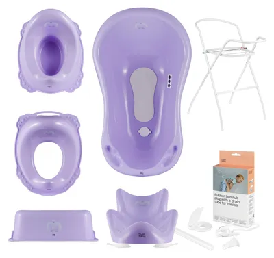 Zdjęcie produktu dla ZESTAW: wanienka, mata antypoślizgowa, podstawka, wąż odpływowy, nocnik, deska sedesowa, stołek toaletowy - Yeti Purple