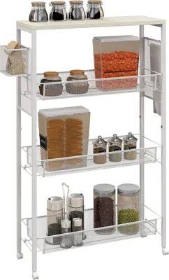 Obrázok produktu pre HOMCOM Kuchynský vozík s 3 úrovňami, servírovací vozík s košom, vozík s pracovnou doskou, háčiky, úložný vozík, do jedálne, obývačky, oceľ, 58 x 18,5 x 87 cm, biely