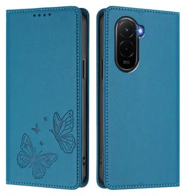 Produktbild von Lederhülle für Xiaomi Poco M7 4G, Schmetterling Prägung Leder Brieftasche Schutzhülle mit Ständer Blau