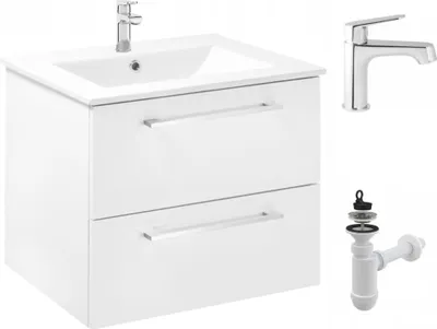 Zdjęcie produktu dla Szafka Łazienkowa z Umywalką 60 x 47 cm Biała Połysk Szuflady Bateria Wysoka