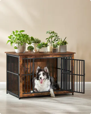 Produktbild von Feandrea Hundekäfig Möbel, Hundebox, moderne Hundehütte indoor für Hunde bis zu 32 kg, hochbelastbar, geschlossener Boden, 2 Türen, vintagebraun