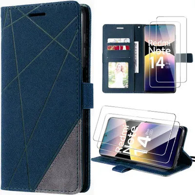 Image de Coque et 2 Verres Trempés pour Xiaomi Redmi Note 14 Pro 5G, Protection Anti-Rayure Effet Cuir Bleu Marine