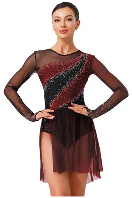 Produktbild von Elzusha – Damen-Turnanzug, Tanzkleid, Eiskunstlaufanzug, Gymnastik, Strasssteine, lange Ärmel