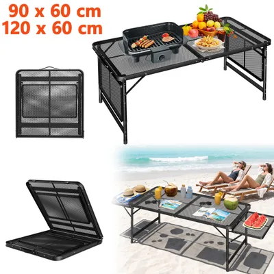 Zdjęcie produktu dla YARDIN, składany stolik, czarny, 120x60 cm, regulowany stolik kempingowy z aluminium, rozkładany blat z siatki, idealny na pikniki i grillowanie