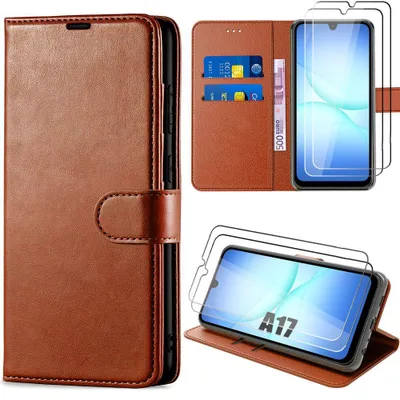 Image de Coque + 2 Verres Trempés pour Samsung Galaxy A17 4G/5G, Flip Case Cuir Synthétique Antichoc Marron