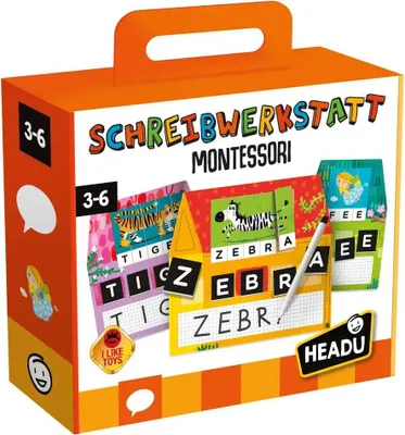 The image shows the packaging of a children's educational toy, a writing workshop kit.