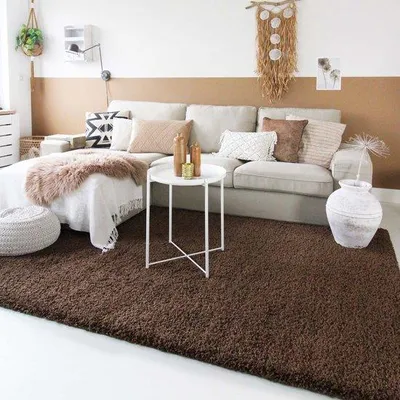 Imagen del producto de Alfombra Unyqoos® de pelo alto y diseño cuadrado, estilo "shaggy", color marrón, 200 x 200 cm, con borde festoneado y suave acolchado