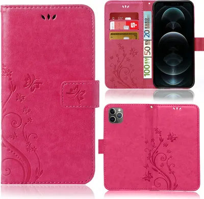 A collage of images showing a pink flip phone case with a floral and butterfly design, with a phone and cards inserted in one view.
