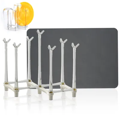 A product image featuring a drying rack for cups and dishes, with a darker gray mat behind it.