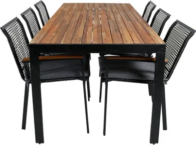Image de Bois Ensemble table et chaises de jardin, table 90x205cm et 6 chaises Dallas, noir, naturel.