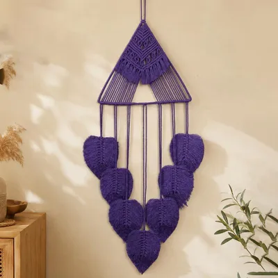 Immagine prodotto di Tappezzeria da parete in cotone intrecciato a mano, con frange a forma di foglie, decorazione bohémien per pareti, ideale per soggiorno o camera da letto, colore viola