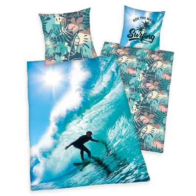 A bedding set with a surfing theme, including a duvet cover and pillowcases, displayed against a white background.
