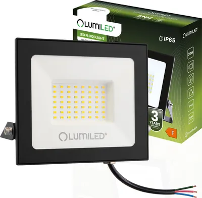 A black LED floodlight is shown in front of its packaging.