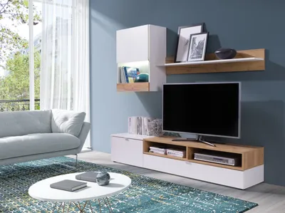 Produktbild von Furniture24 Wohnwand ROCO Anbauwand Schrankwand 2 Türen 1 Klappe Lowboard Schrank Hängeregal Hängevitrine Weiß matt Eiche Gold