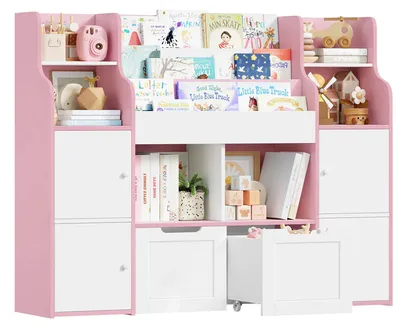 Immagine prodotto di Scaffale per giocattoli per bambini - Libreria a 3 ripiani - 6 scomparti aperti - 2 cassetti con rotelle - 4 ante - 8 contenitori estraibili - 122x30x100 cm - Rosa