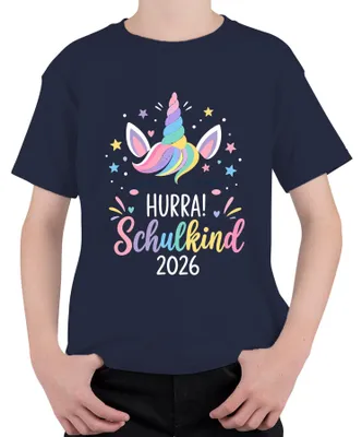 Productafbeelding van Hoera, schoolkind 2026! Eenhoorn, T-shirt voor meisjes, eerste schooldag, marineblauw, maat 140