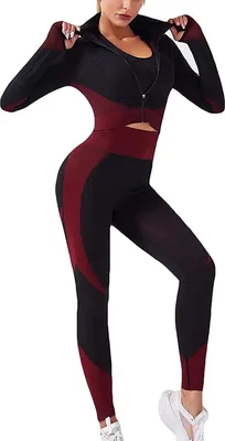 Produktbild von ASKSA Damen Yoga Sportanzüge Langarm Crop Top + Leggings 2 Stücke Bekleidungs Sets Jogginganzug, Rot, L