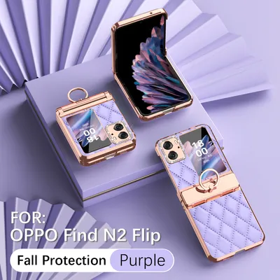 Obrázek produktu pro Kožené pouzdro na Oppo Find N2 Flip s držákem na prsten, blyštivé ochranné pouzdro s ochranou pantu Fialová