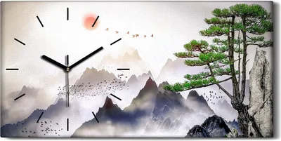 Produktbild von Wohnzimmer-Bild Leinwand Uhr 60x30 Malerei Asiatische Berge Nebel Sonne Baum - schwarze Hände