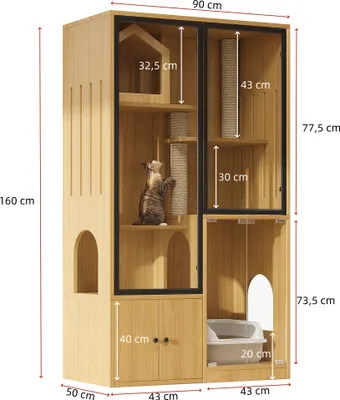 Immagine prodotto di okwish Casa multifunzionale per piccoli animali Villa per gatti in vetro con tiragraffi, Casa per gatti con recinto a quattro piani, legno d'acero