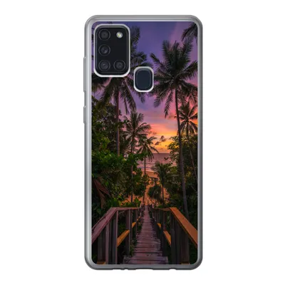 Produktbild von MuchoWow® Handyhülle Schutzhülle Hülle für Samsung Galaxy A21s Sonnenuntergang - Palmen - Strand Silikon Softcase Handy Hülle - Hartschale